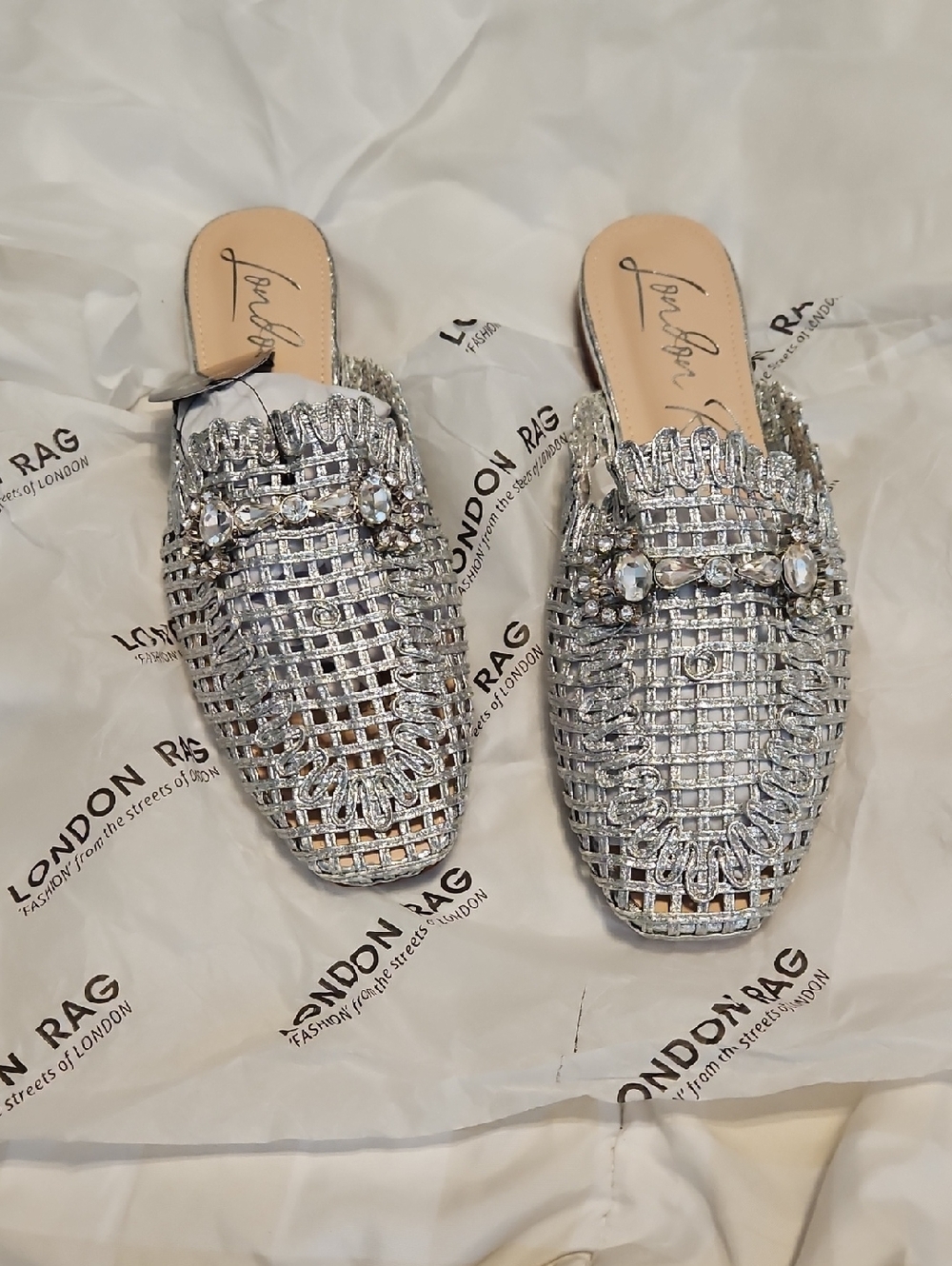 LONDON RAG Silver Embellished Slip-On Mules